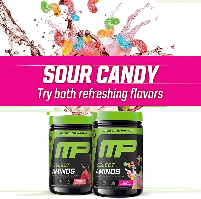 MusclePharm Select Amino's EAA + BCAAs Post Workout Essential Amino Acids Powder Pre Workout Energy Supplement for Men &amp Women with Branched Chain Amino Acids 30 Servings (Sour Candy)