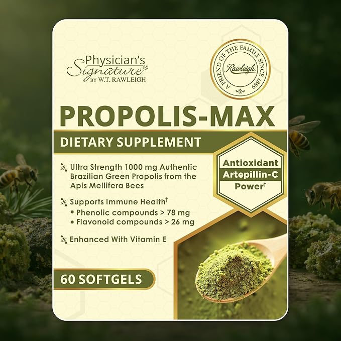 Rawleigh Propolis Max: 60 Vegetarian Softgels - Brazilian Green Propolis with Phenolic Flavonoid &amp Artepillin C Compounds &amp Vitamin E - Supports Immunity Wellness