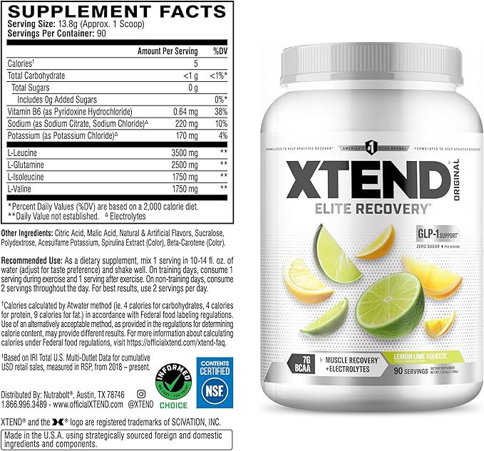 Xtend Original BCAA Powder 7g BCAAs and 2.5g L-Glutamine for Muscle Recovery Hydration and Lean Muscle Sugar Free Intra and Post Workout Drink with Electrolytes Lemon Lime Squeeze 90 Servings