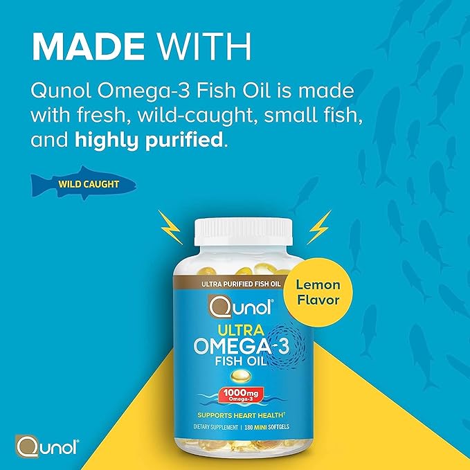 Qunol CoQ10 100mg Softgels 3X Better Absorption 4 Month Supply 120 Count + Fish Oil Omega 3 Mini Softgels 1000mg Omega 3 EPA + DHA 3 Month Supply 180 Count