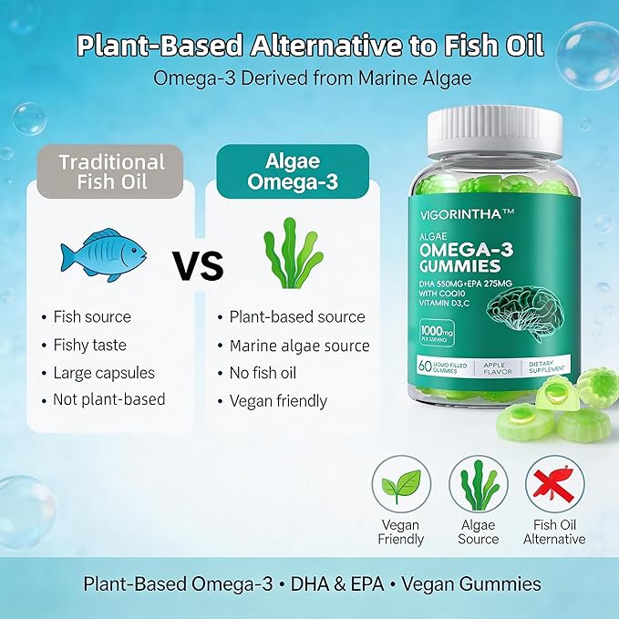 Vegan Omega-3 Algae Oil Supplement with DHA 300mg &amp EPA 150mg Plant-Based Omega-3 with Vitamin D3 &amp K2 Fish-Free Algal Oil Softgels for Men &amp Women 2 Pack 120 Softgels 60 Day Supply
