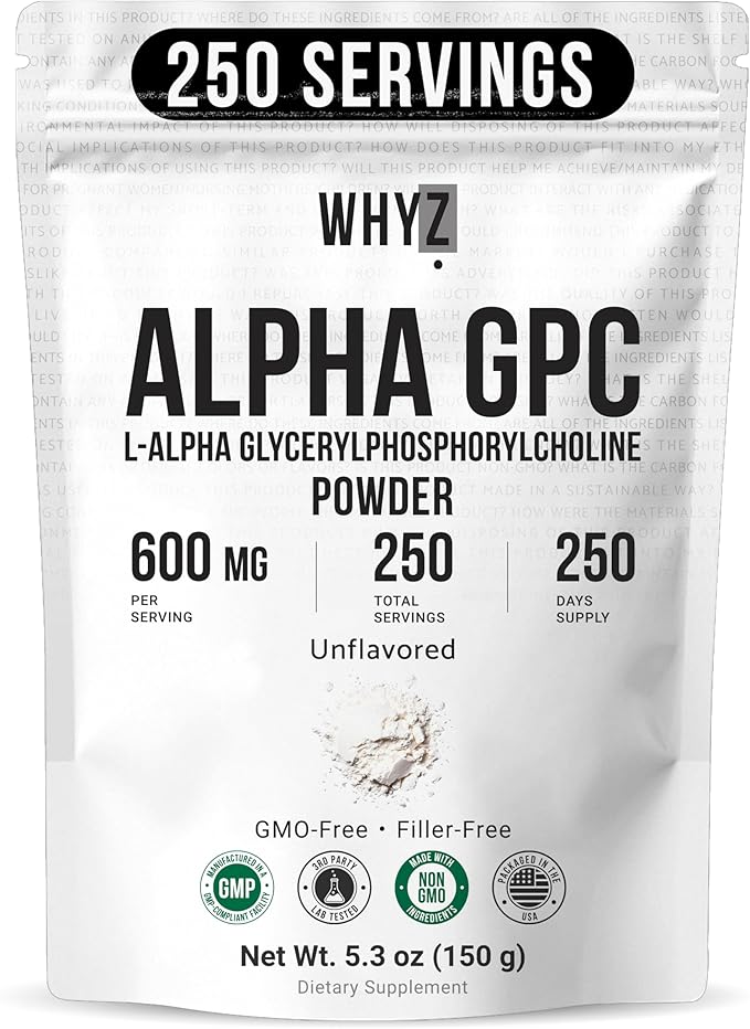Alpha GPC Powder Alpha-Phosphorylcholine Choline Supplement Unflavored Fine Powder for Smooth Mixing Non-GMO Vegan Additive-Free Gluten-Free 150g (5.3 oz)