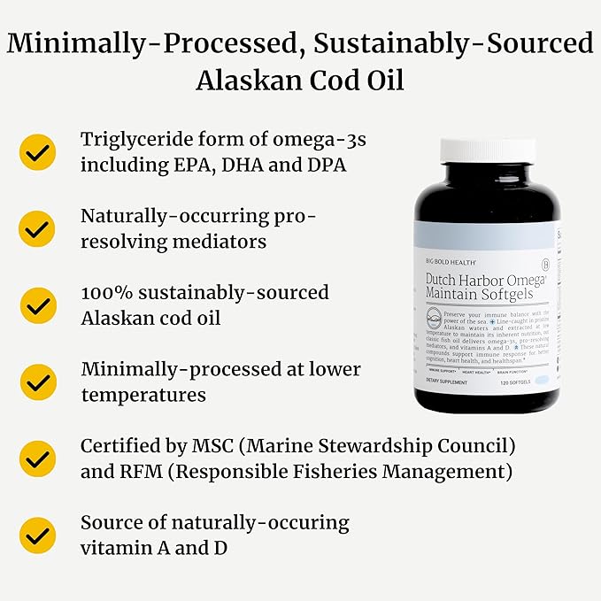 Big Bold Health Dutch Harbor Omega Maintain Softgels - Premium Alaskan Cod Liver Oil (120 Count) - Sustainably Sourced Omega-3 Supplement with EPA DHA DPA - Natural Vitamins A &amp D - MSC Certifie