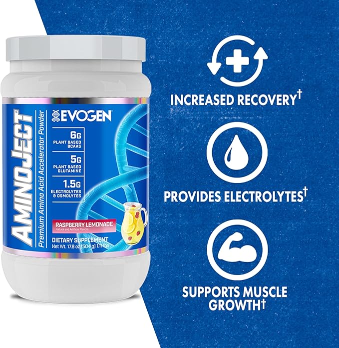 Evogen AminoJect - Premium BCAA Powder &amp EAA Recovery Formula with Electrolytes | Amino Acids Supplement for Muscle Growth Hydration &amp Recovery | Raspberry Lemonade | 30 Servings