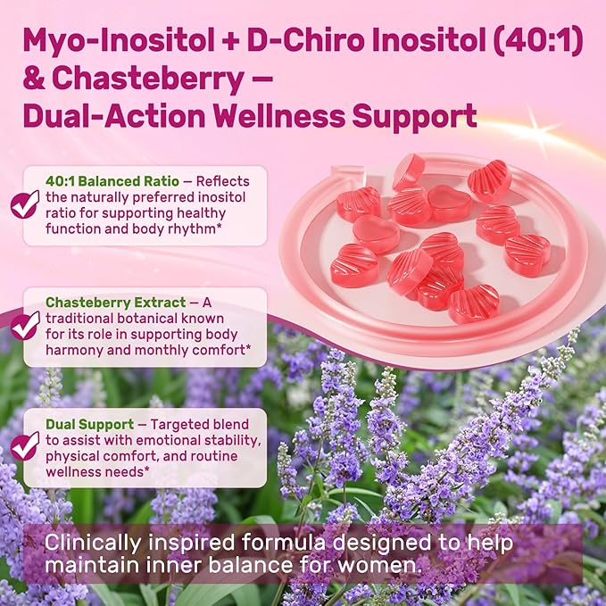 Inositol Gummies for Women + Chasteberry Myo-Inositol &amp D-Chiro Inositol 2000mg + 50mg Ideal 40:1 Ratio with Methylated B12 &amp Folate Choline Magnesium Vitamin D3 for Overall Health Pack o