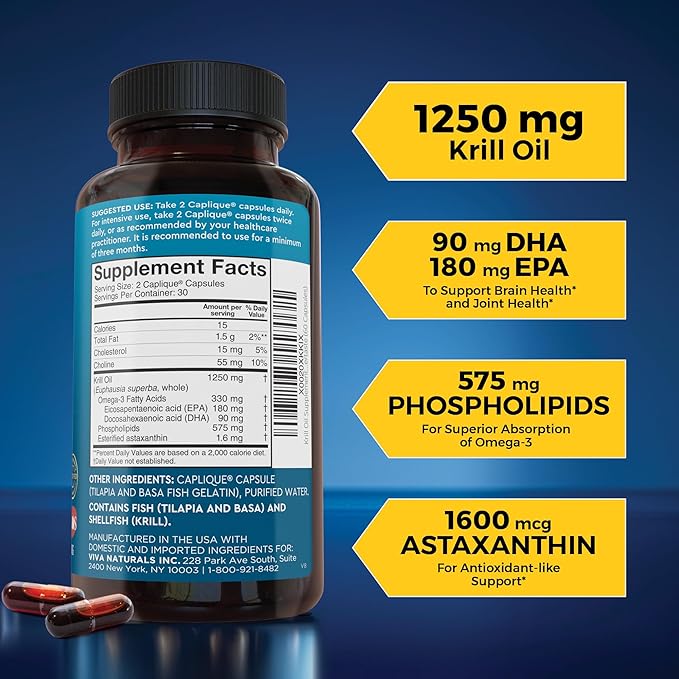 Viva Naturals Antarctic Krill Oil Omega 3 Supplements 1250 mg - DHA EPA Omega-3 &amp Astaxanthin Concentration for Joint Health No Fish Burp - 60 Krill Oil Capsules