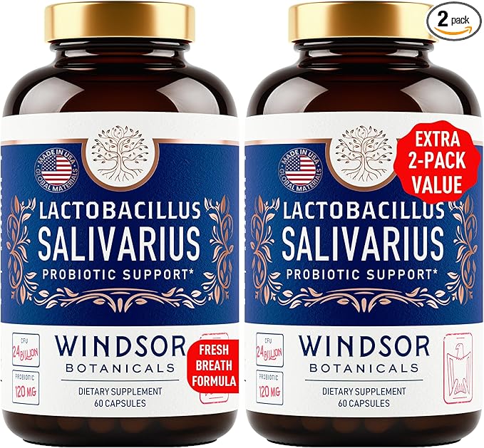 WINDSOR BOTANICALS Lactobacillus Salivarius Probiotic Capsules - L Salivarius Probiotic Oral Dental Probiotics for Bad Breath Teeth and Gums Health and Immune Support - 24bn CFU 2-Pack 120 Caps