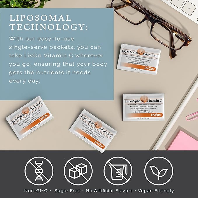 LivOn Laboratories - Lypo–Spheric Vitamin C – 1000 mg Vitamin C &amp 1000 mg Essential Phospholipids Per Packet – Liposome Encapsulated for Improved Absorption – Non–GMO - 12 Pack (360 Count)