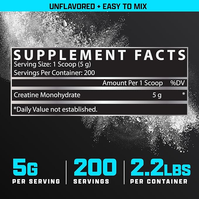 Nutrex Research Micronized Creatine Monohydrate Powder - 200 Servings (1KG) Pure Unflavored Creatine Monohydrate Supplement for Muscle Gain Strength and Performance 5G Per Serv (2.2lbs)