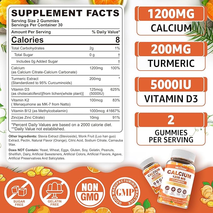 Calcium Gummies with Turmeric for Women &amp Men - Calcium 1200mg with Vitamin D3 K2 B12 5000 IU &amp Zinc Suger-Free Calcium Supplement for Bone Muscle Strength &amp Immune Support - Vegan(120 C