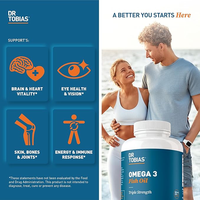 Dr. Tobias Omega 3 Fish Oil 2000mg Triple Strength with 800mg EPA 600mg DHA Per Serving | Fish Oil Omega 3 Supplements for Heart Brain &amp Immune Support - 180 Softgels (90 Servings)