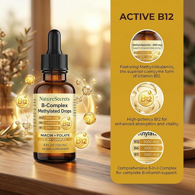 NATURESECRETS B-Complex Methylated Drops B12 B6 B1 Sublingual Vitamin B Complex Energy &amp Nervous System Support Raspberry Flavor 4 fl oz