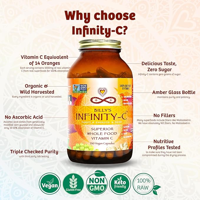 Infinity-C Organic Vitamin C Capsules Bioavailable VIT C from Acerola Camu Camu &amp Amla Whole Food Vitamin C 1000mg Immune Support Superfoods Shilajit Astragalus Root &amp Ginger (30 Serving