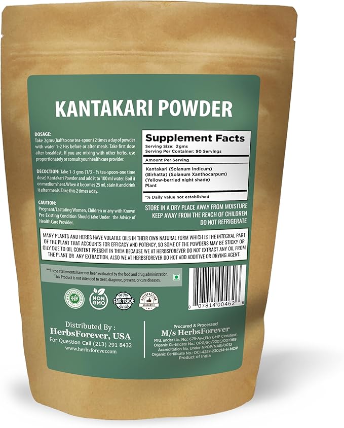 Herbsforever Kantakari (Solanum xanthocarpum) Indian Nightshade. Plant Powder|Supports Respiratory Immune Health &ampNatural Expectorant- Wild Harvested -Non GMO | Ultra Clean| Steam Treated|16oz-1L