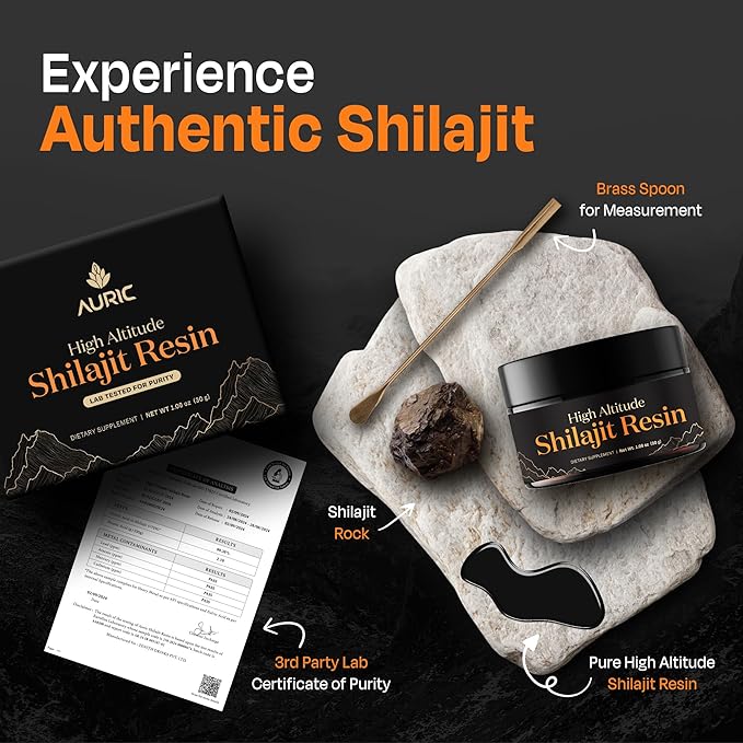 Auric Lab Certified High Altitude Shilajit/Shilajeet Resin 30g | 75% Fulvic Acid + Humic Acid |80+ Trace Minerals Real Brass Spoon and Shilajit Rock with Every Order