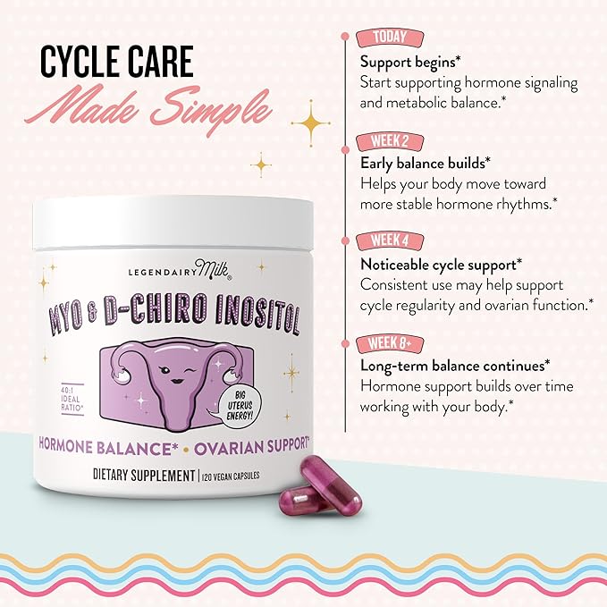 Legendairy Milk Pure Myo-Inositol &amp D-Chiro Inositol PCOS Supplements Inositol Supplement for Women Hormone Balance 40:1 Ratio Ovarian Support Fertility Supplement | 2000mg 120 Vegan Capsules
