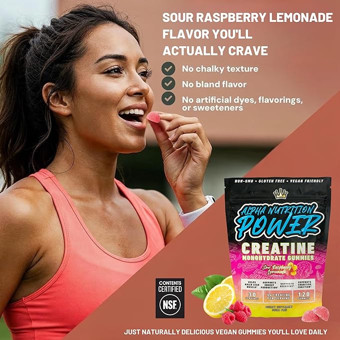 Creatine Monohydrate Gummies 5g - Raspberry Lemonade Flavored Creatine for Women and Men - Supplement for Muscle Gain Strength Energy Cognitive Health Pre and Post Workout Recovery (120 Gummies)