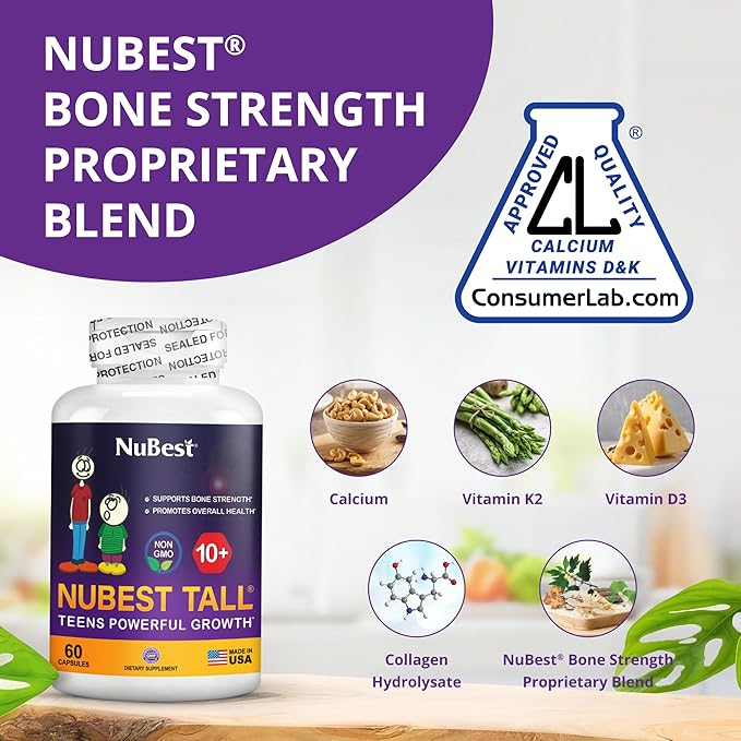 NuBest Tall 10+ Premium Bone Strength Formula Enhanced Immunity and Overall Health for Age 10+ with Calcium Vitamin D3 Vitamin K2 and Multivitamins | 60 Capsules | 1 Month Supply