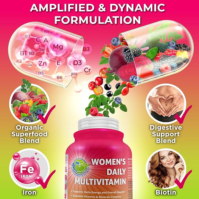 Women's Daily Multivitamin with Iron - Vegan Methylated Multivitamin for Women with Biotin Organic Superfoods Probiotics B-Complex - Energy Gut &amp Optimal Health Support – Easy to Swallow Capsu