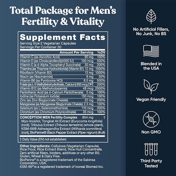Eu Natural Conception for Him - Male Fertility Supplements with Ashwagandha Folate &amp Zinc - Sperm Count Motility &amp Strength Support - Fertility Support for Men 60 Vegetarian Capsules