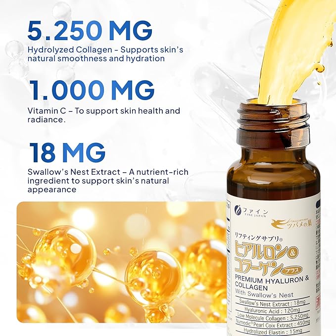 FINE JAPAN Liquid Collagen with Swallow’s Nest &amp Hyaluronic Acid – Supports Skin Elasticity Hair &amp Nail Health Hydration &amp Healthy Aging – Made in Japan 17 fl oz (10 Bottles)