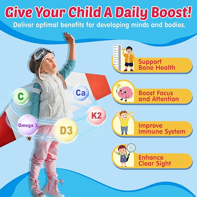 Kids Omega 3 Gummies + Calcium 400mg + Vitamin D3 K2 + C Omega-3 DHA &amp EPA Supplement - No Fish Burps No Sugar - Kids &amp Teens Omḛga 3 + Multivitamin Gummy for Strong Bones Brain Immune Ey