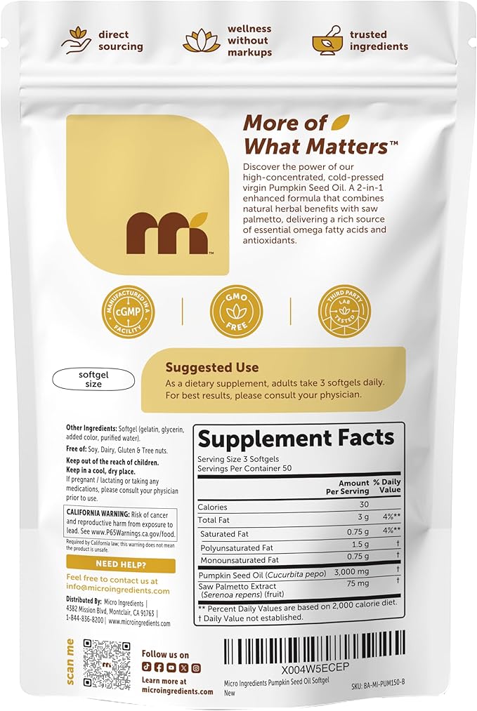 Micro Ingredients Pumpkin Seed Oil with Saw Palmetto 150 Softgels | Cold Pressed Pure Virgin Oil Essential Fatty Acids &amp Phytosterols | Natural Herbal Supplement | Non-GMO