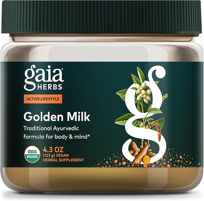 Gaia Herbs Golden Milk - Traditional Relaxation Support Supplement Powder with Organic Turmeric Black Pepper Ashwagandha Cardamom &amp More for an Ayurvedic Cup of Calm* - 4.3 Oz (About 35 Serving