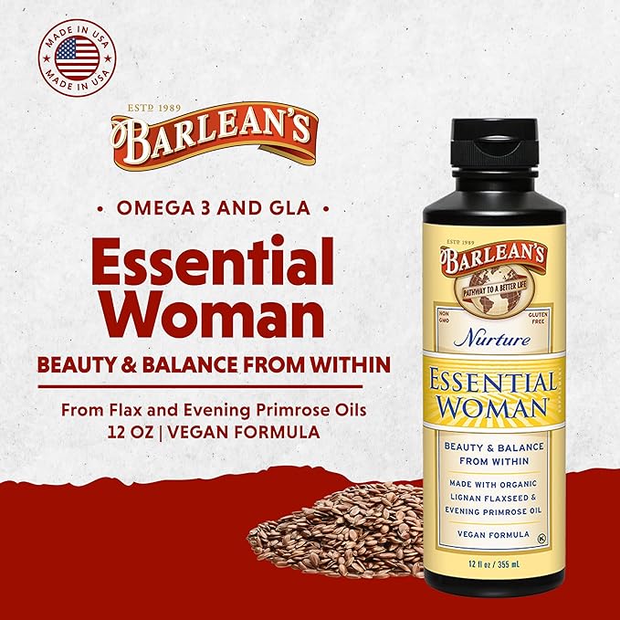Barlean's Essential Woman Liquid Supplement for Women Organic Flaxseed and Evening Primrose Oil for Healthy Hair Nails and Skin Omega 3 6 9 and GLA 12 oz
