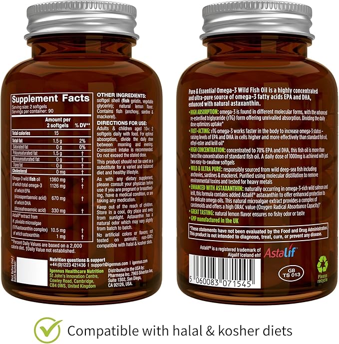Igennus Ultra Pure Omega 3 Triglyceride rTG Wild Fish Oil 1360mg IFOS Certified EPA DHA 1000mg Plus Astaxanthin Non-GMO for Men &amp Women 180 Softgels