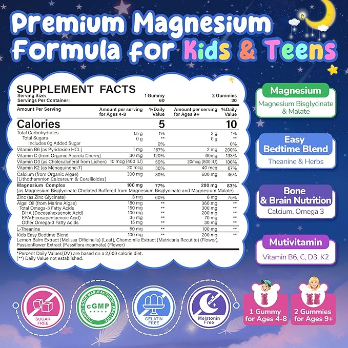 Kids Magnesium Glycinate Gummies + Calcium + Omega 3 - Kids Sleep &amp Calm Gummies Melatonin Free Magnesium Gummies + L-theanine B6 D3 &amp K2 Zinc C for Restful Sleep Bones Brain &amp Immu