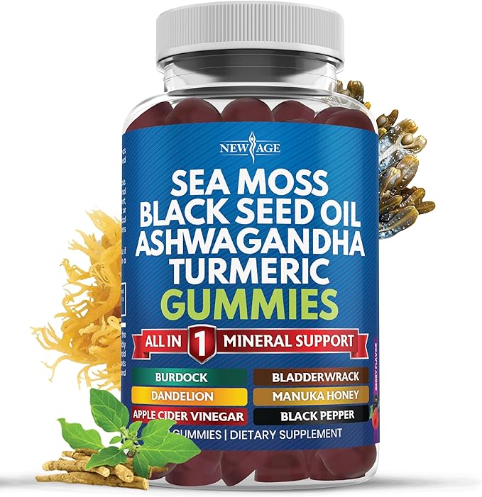Sea Moss Gummies Sea Moss Black Seed Ashwagandha Turmeric Manuka Honey ACV Dandelion Black Pepper Burdock Bladderwrack Vegan - 60 Count