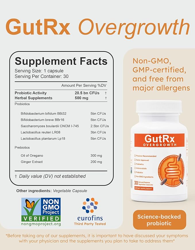 Overgrowth Probiotics for Women and Men with Saccharomyces Boulardii Lactobacillus Reuteri &amp Bifidobacterium for Supporting Gut Health &amp Digestive Health Gluten Free 30 Capsules