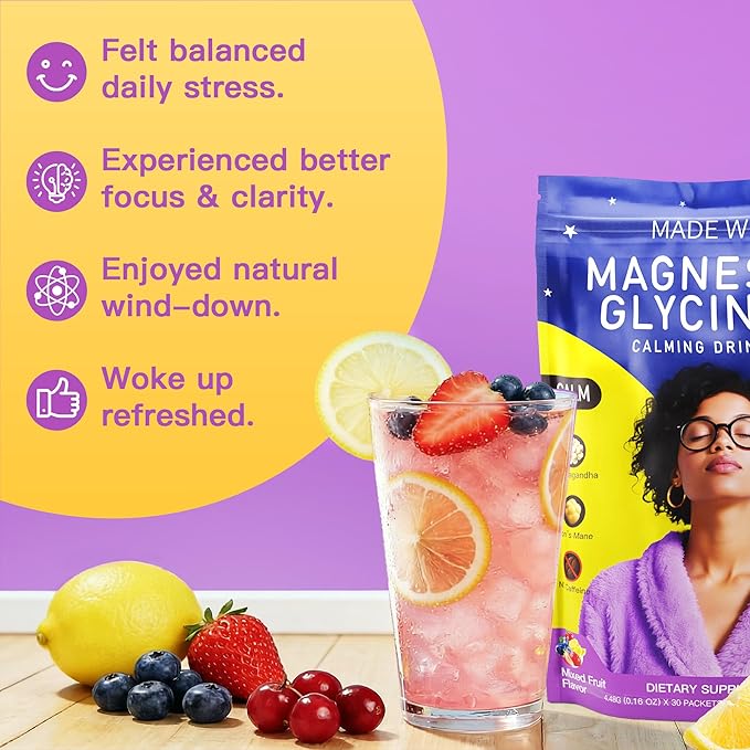 Calm Magnesium Powder Drink Mix - Magnesium Glycinate Ashwagandha Lions Mane Mushroom L-theanine Rhodiola Rosea Beetroot GABA Valerian Root - 30 Packets