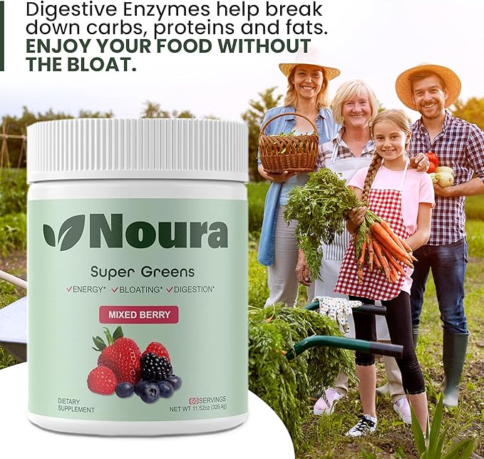 Super Greens Powder 60 Servings - Immunity Digestive Enzymes &amp Probiotics for Energy Gut Health Bloating Relief for Women - Greens Superfood Powder - Mixed Berry