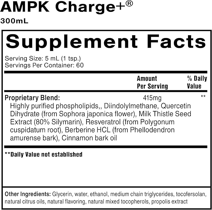 Quicksilver Scientific AMPK Charge+ - Support The Benefits of Intermittent Fasting Carb Restrictive + Keto Protocols - Promotes Energy Production Fat Breakdown + Healthy Aging (10.14oz / 300ml)