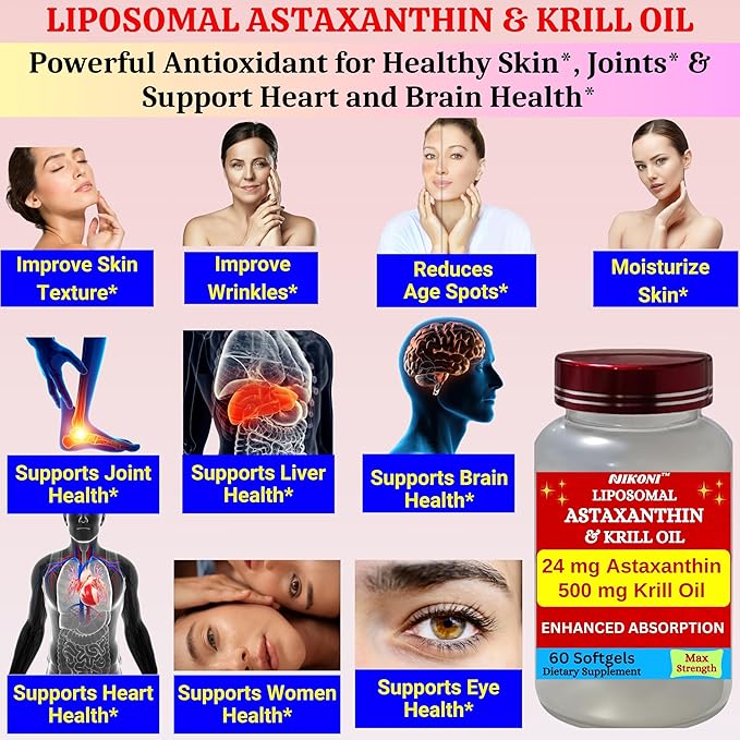 Nikoni Liposomal Astaxanthin 24mg with Kril Oil 500mg Supplement 120 softgels