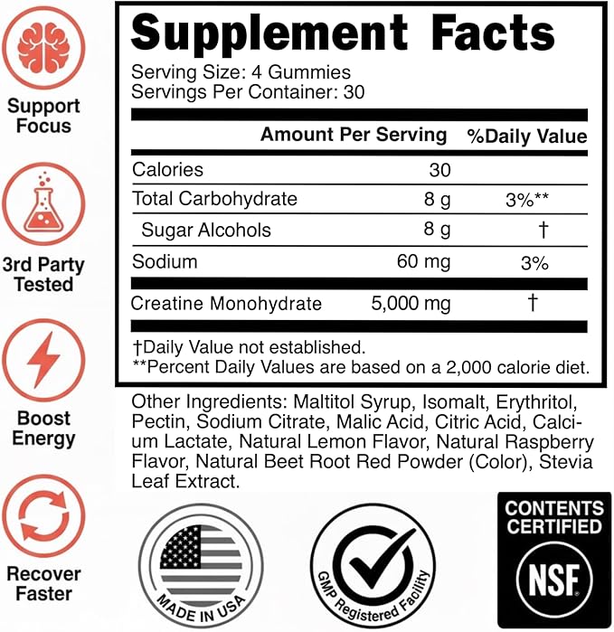 Creatine Monohydrate Gummies 5g - Raspberry Lemonade Flavored Creatine for Women and Men - Supplement for Muscle Gain Strength Energy Cognitive Health Pre and Post Workout Recovery (120 Gummies)
