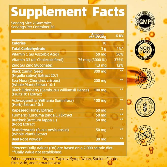 Black Seed Oil &amp Sea Moss Gummies 2Pack Irish Sea Moss Gummies with Black Seed Oil Ashwagandha Extract Elderberry Turmeric Vitamin C Vitamin D3 - Immune Support Joints Digestion Hair &amp
