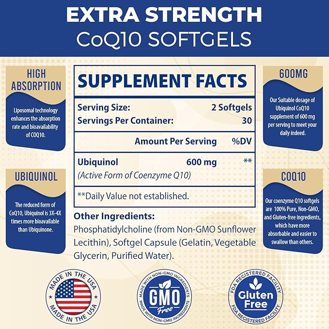 Liposomal CoQ10 Ubiquinol 600mg Softgels|Superior Absorption Ubiquinol CoQ10 Supplement|Powerful Active Antioxidant Form of Coenzyme Q10|Heart Function &amp Energy Production|120 Softgels