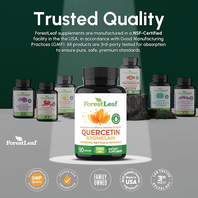 ForestLeaf Quercetin with Bromelain - 1350mg Blend with Vitamin C &amp Stinging Nettle Advanced Quercetin 500mg Supplement Non-GMO Gluten Free Natural Immune &amp Respiratory Function 180 Veggie
