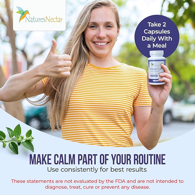 Nature's Nectar Anxiety and Stress Relief Supplements – Keep Calm Capsules with Ashwagandha GABA Magnesium &amp 5-HTP – Nervousness &amp Irritability Mood Supports Relaxation Lemon Balm 60 Filled