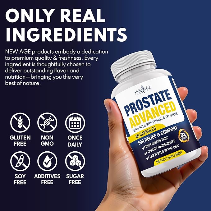 NEW AGE Prostate Advanced Prostate Supplement for Men – Reduce Bathroom Trips Promote Sleep Support Health &amp Bladder Emptying - Made with Lycopene Beta Sitosterol - 60 Count