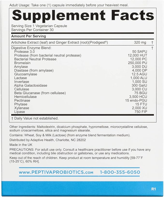 Peptiva Digestive Enzyme Supplement + ProDigest - Helps with Bloating Gas Constipation - 30 Count