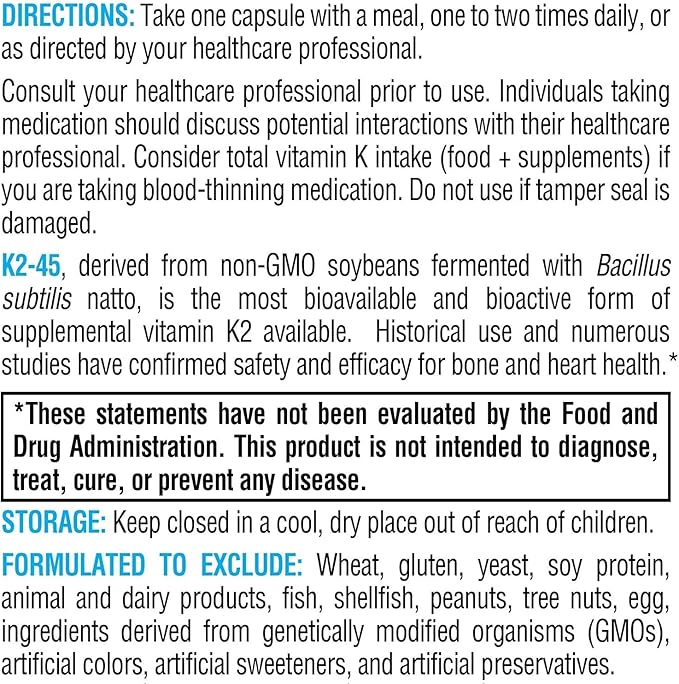 XYMOGEN K2-45 - Bone &amp Cardiovascular Support - 45 mcg Vitamin K2 - Bioavailable Natto-Derived Vitamin K - Vegetarian Gluten-Free Non-GMO - 60 Capsules