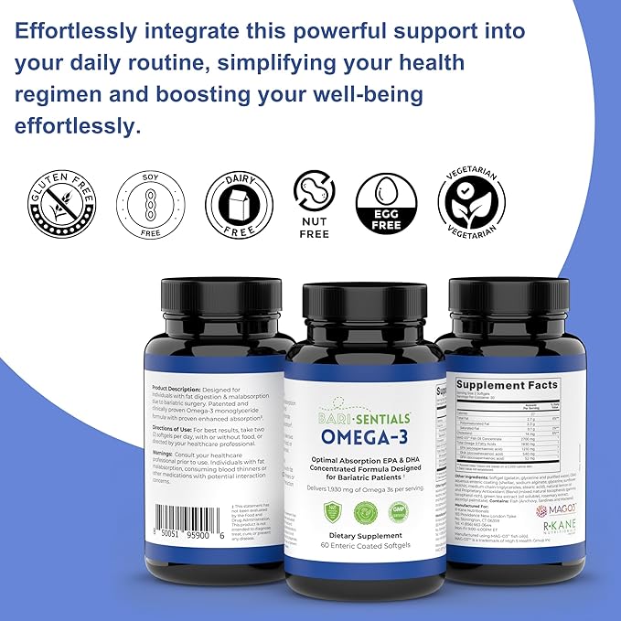 R-Kane Nutritionals Barisentials Omega-3 Supplement - 1930mg EPA &amp DHA Per Serving- Designed for Bariatric Patients- High Absorption MAG-03 Technology - 60 Coated Softgels (1-Month Supply)