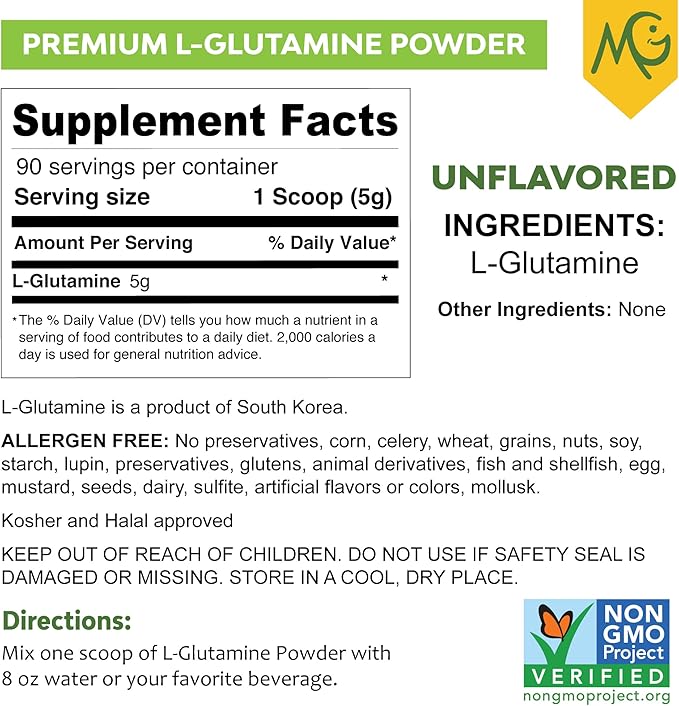 MariGold Pure Unflavored L-Glutamine Powder - Healthy Gut Immune and Muscle Support Non-GMO Gluten Free Soy &amp Allergen Free (5g / 5000mg per Serving)