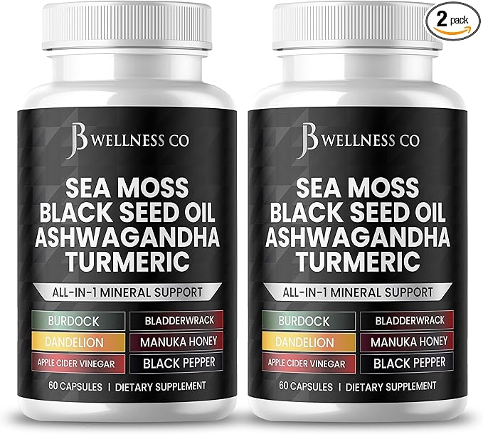 Sea Moss Black Seed Oil Ashwagandha Turmeric Bladderwrack Burdock - with Manuka Honey Dandelion ACV Black Pepper Gluten Free- 120 Count