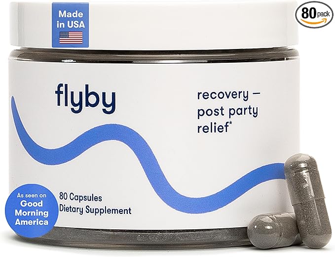 Flyby Recovery Supplement - All The Hang Without The Over!™ - with DHM Milk Thistle Vitamin C Activated Charcoal and Apple Cider Vinegar - Pre &amp Post Drinking Formula (80 Count)