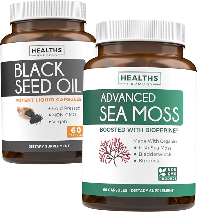 Black Seed Oil &amp Irish Sea Moss (1-Month Supply) - Wellness Duo Bundle of Black Seed Oil (60 Capsules) Cold-Pressed Nigella Sativa &amp Irish Sea Moss (60 Capsules) with Bioperine and Bladderwrac